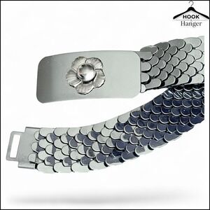 Vintage Silver Metal Mermaid Scales Stretch Belt Floral Buckle 80s 90s Statement